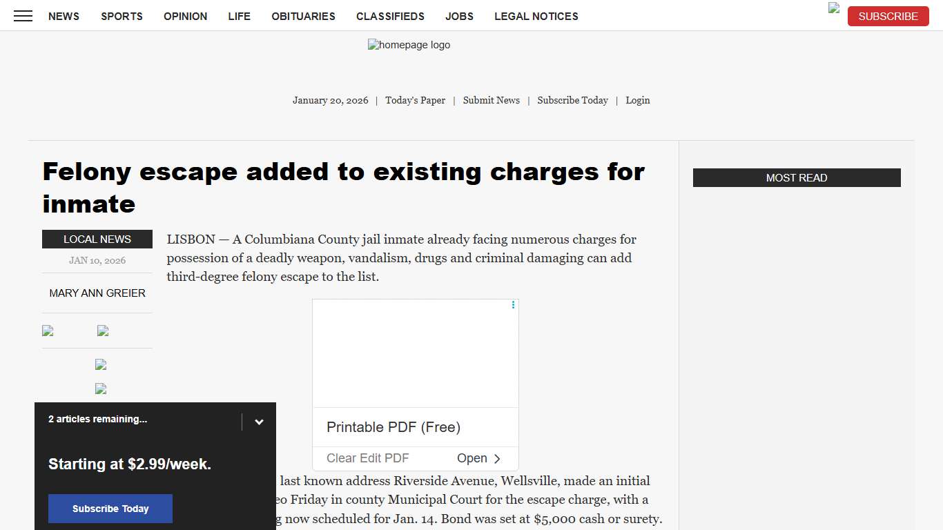 Felony escape added to existing charges for inmate | News, Sports, Jobs - The Review