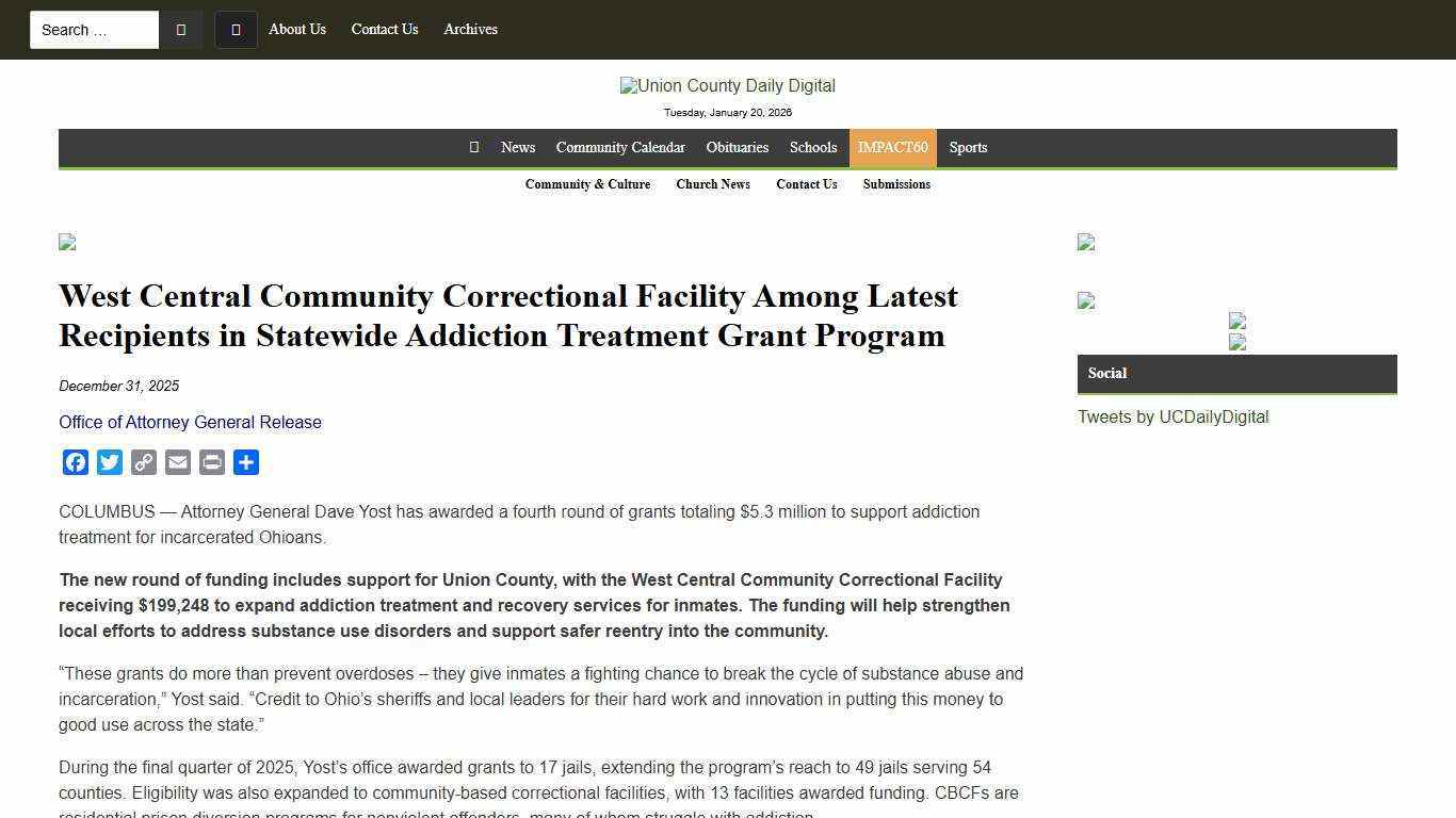 West Central Community Correctional Facility Among Latest Recipients in Statewide Addiction Treatment Grant Program - Union County Daily Digital